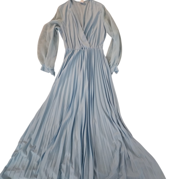 vintage Dresses & Skirts - Vintage Light Blue Pleated V-Neck Maxi Dress